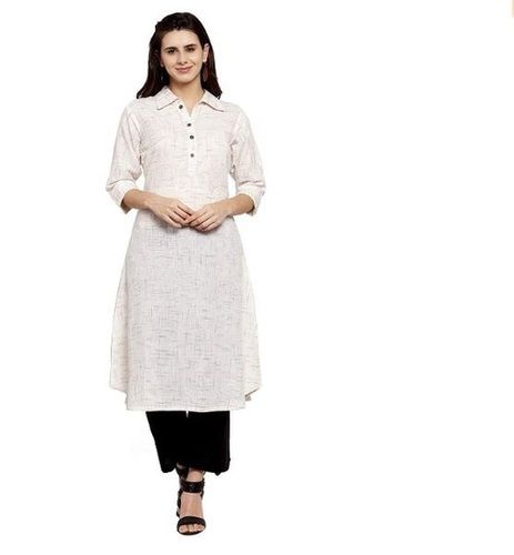 Ladies Casual Wear 3/4th Sleeves Plain Cotton Fabric Collar Kurti