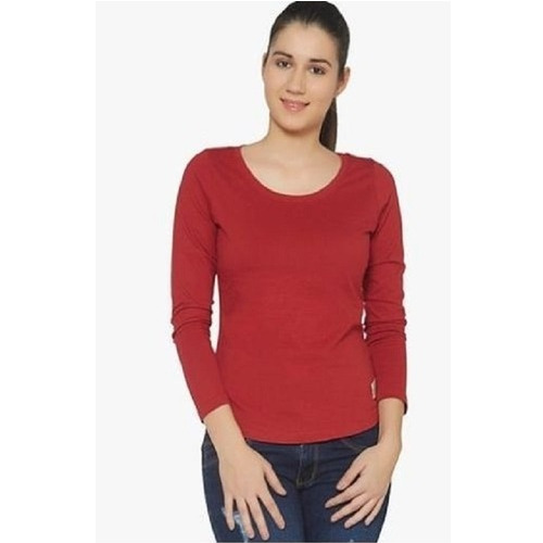 Ladies Regular Fit Breathable Cotton Long Sleeve Round Neck Maroon T-Shirt - Summer Casual Wear, Skin-Friendly, Washable