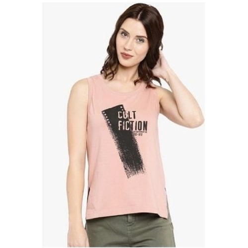Ladies Casual Printed Pure Cotton Sleeveless T-Shirt - Regular Fit, Light Pink Color, Breathable and Skin-Friendly Design