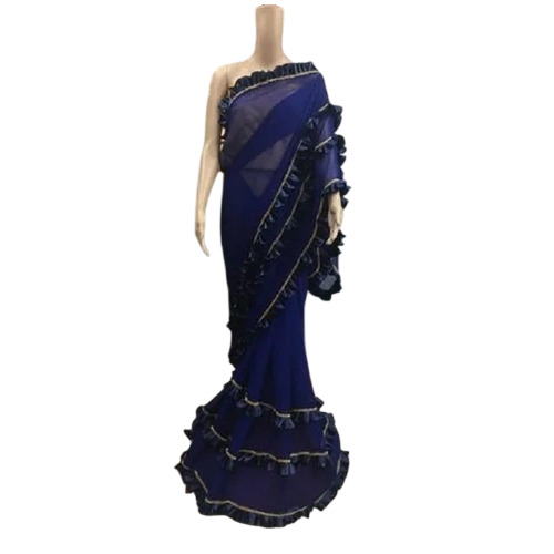 Blue Beaded Designer Ruffle Silk Saree - Occasion: Party Wear