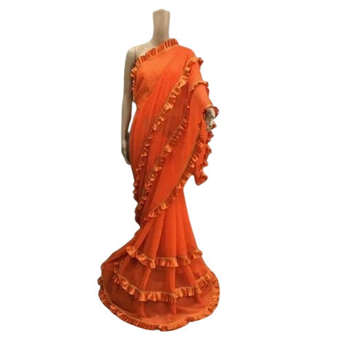 Orange Ruffle Silk Saree With Blouse Piece - Occasion: Party Wear