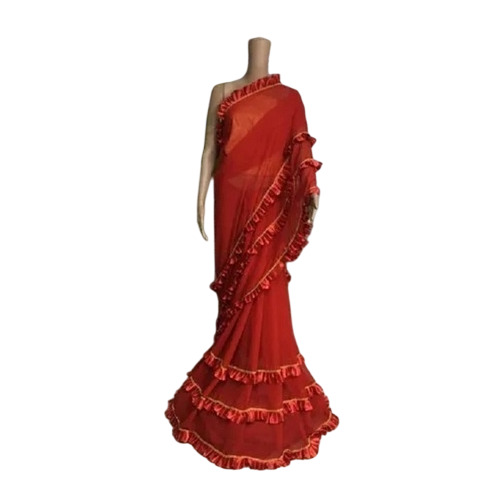 Red Ruffle Silk Saree - 6 Meters Length With Blouse Piece, Breathable, Skin-Friendly, Quick Dry, Highly Absorbent, Ideal for Parties