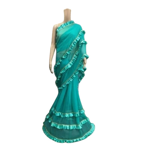 Sea Green Beaded Designer Ruffle Silk Saree - Occasion: Party Wear