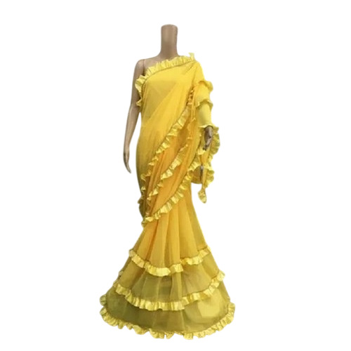 Ruffle Silk Saree - 6 Meters Length With Blouse Piece | Yellow Party Wear, Highly Absorbent, Skin-Friendly, Breathable, Quick Dry