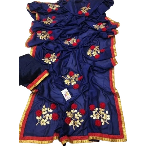 Silk Saree - 6 Meters with Blouse Piece, Blue Embroidered Gota Patti Design | Handwashable, Highly Absorbent, Breathable, Quick Dry, Skin-Friendly