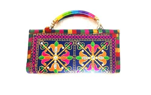 Multi Color Trendy Zipper Closure Cotton Embroidered Ladies Hand Bag