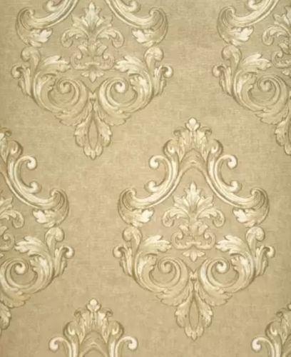 White color background texture finished with golden cream color beautiful  traditional big damask designs embossed pattern swirls pattern wallpaper