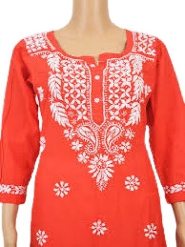 Washable Ladies Embroidered Red 3-4Th Sleeve Casual Wear Breathable Cotton Kurti