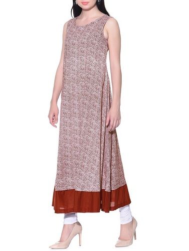 Washable Ladies Printed Sleeveless Brown Breathable Casual Wear Cotton Kurti