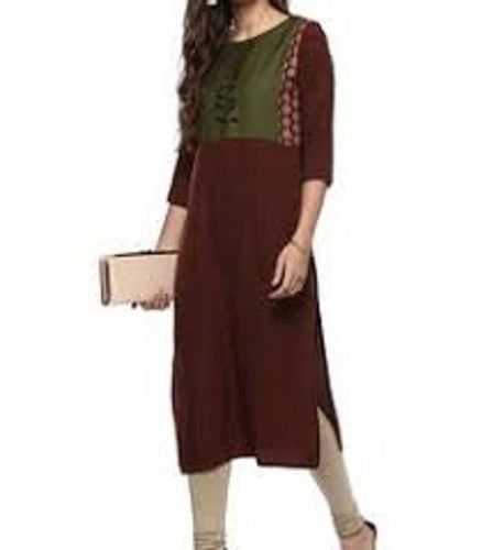 Crepe Ladies Printed 3-4Th Sleeve Breathable Brown Daily Wear Cotton Kurti