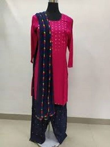 Ladies Indian Region Full Sleeve Round Neck Embroidered Pink With Blue Salwar Suits