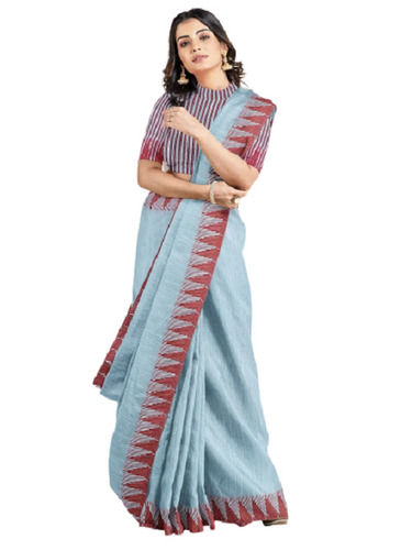 Blue And Red Casual Wear Skin Friendly Printed Cotton Saree With Blouse Piece