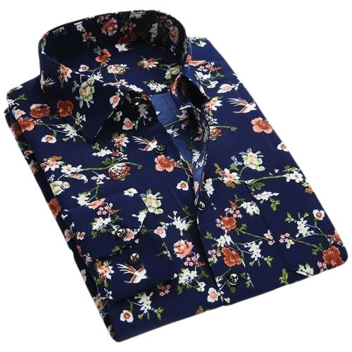 Printed Collar Neck Full Sleeve Summer Wear Navy Blue Cotton Mens Shirt