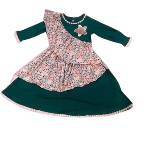 Anti Wrinkle Comfortable To Wear Full Sleeve Cotton Dark Green Kids Frock