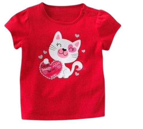 Washable Kids Casual Wear Short Sleeve Round Neck Cotton Printed Red T Shirt