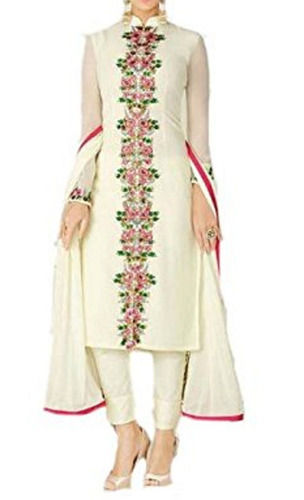 Cream White Ladies Collared Neck Full Sleeve Embroidered Cotton Salwar Suits