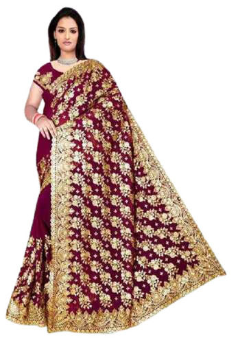 Ladies Heavy Stone Work and Emboidered Saree with Bloue Piece for Wedding Wear