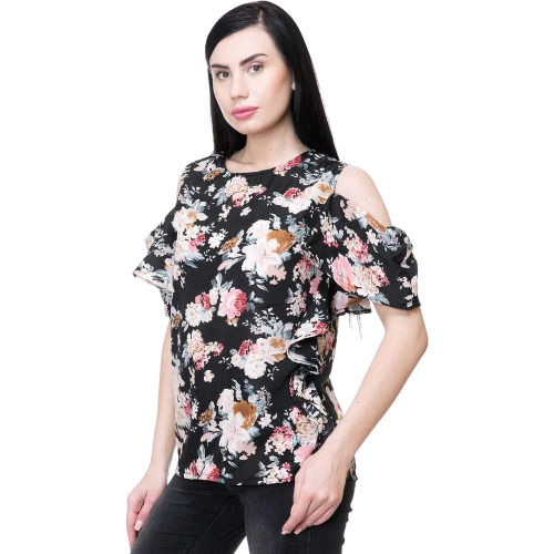 Multicolor Regular Fit Round Neck Floral Printed Georgette Top For Womens