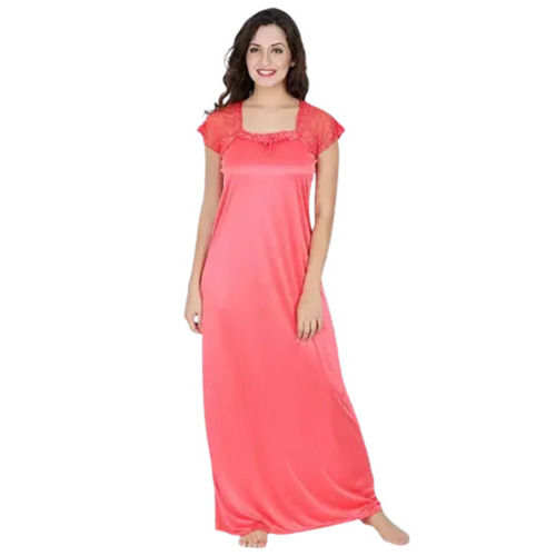 Green Comfortable Night Wear Short Sleeves Plain Polyester Maxi For Ladies 