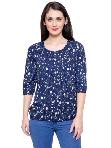 Blue Ladies Comfort Fit Round Neck 3/4Th Sleeves Casual Wear Printed Cotton Top