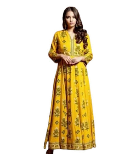 Yellow Casual Wear Full Sleeves Anti Wrinkle Floral Printed Cotton Anarkali Kurti