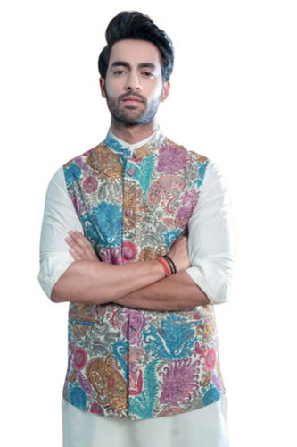 Colorful Sleeveless Button Closure Printed Cotton Party Wear Jodhpuri Waistcoat