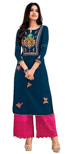 3/4th Sleeve Round Neck Cotton Designer Embroidered Kurti For Ladies