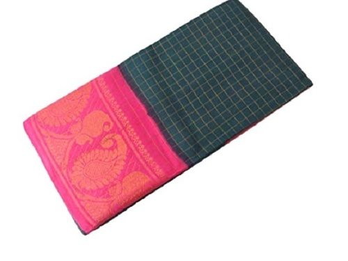 Green With Pink Ladies Checked Festival Wear Cotton Saree