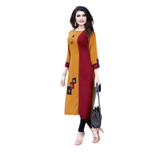 Washable Formal Wear Ladies Designer Yellow And Brown Cotton Kurti 