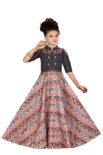 Embroidered 3/4rth Sleeved Stone Decorated Modern Polyester Anarkali Suits For Kids