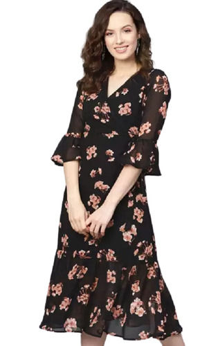 Women Printed Polyester Short Flared Sleeves V Neck Western Dress