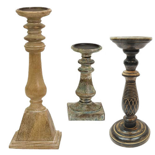 Decorative Antique Handmade Wooden Pillar Candle Holder For Home And Hotel