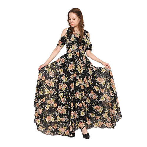 Comfortable Short Sleeves Printed Cotton Western One Piece Party Wear Dress