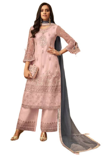 Pink 3/4Th Sleeve Wrinkle Resistant Embroidered Cotton Silk Pakistani Suit