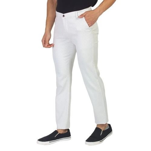 White Regular Fit And Casual Wear Stretchable Plain Cotton Trouser For Mens