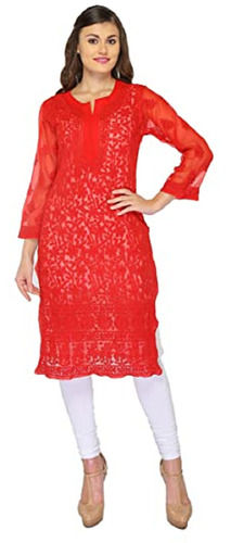  3/4Th Sleeves Round Neck Embroidered Rayon Chikan Kurtis For Ladies Application: Industrial