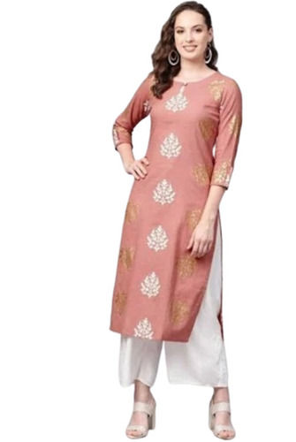 Pink 3/4Th Sleeve 40 Inches Long Casual Wear Soft Cotton Printed Kurti