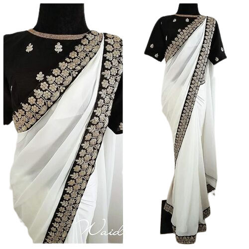 Party Wear Women White Unstitched Cotton Sarees With Blouse Piece