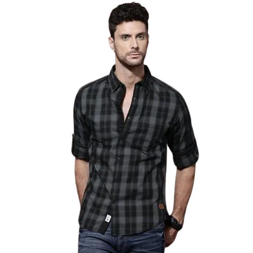 Casual Wear Mens Black And Grey Full Sleeve Check Cotton Shirt