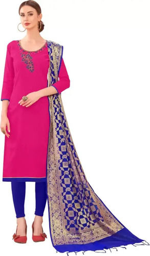 3/4th Sleeves Embroidered Unstitched Soft Cotton Blend Suit With Dupatta