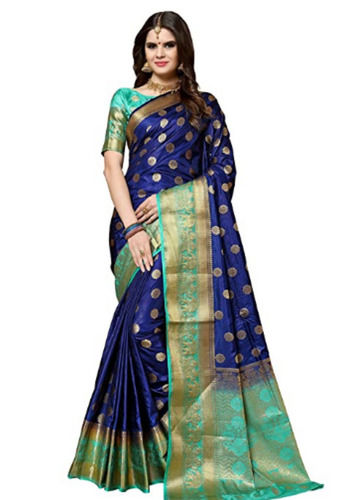 Green And Blue Ladies Traditional Wear Zari Work Plain Tussar Silk Saree With Blouse