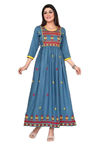 Cotton Embroidered Long Kurti Gown - Bust Size: 34 Inch (In)