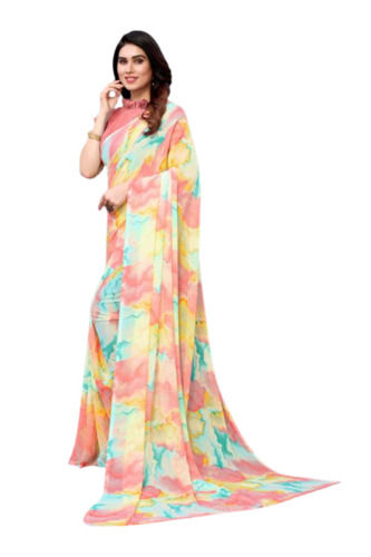 Multicolor Casual Wear Light Weight Printed Georgette Saree For Women With Blouse