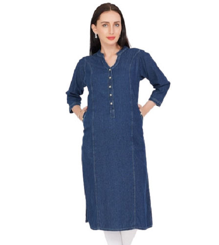 Blue 3/4Th Sleeves Breathable Plain Casual Wear Denim Kurti For Women With Regular Fitting 