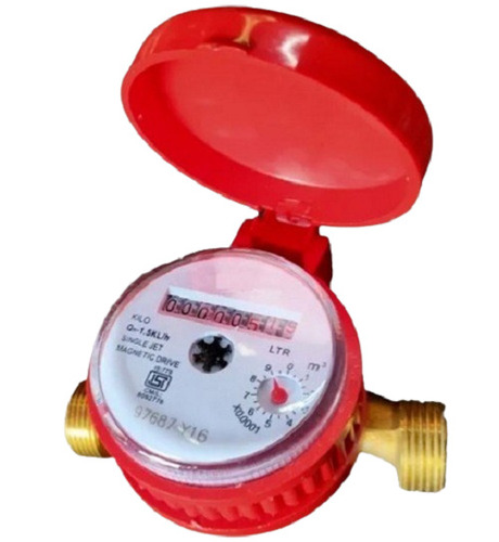 Brass And Plastic Single Jet Water Meter - 110x82x77 mm, Red Color , 500 Grams Weight