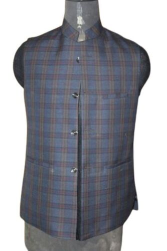 Check Print Sleeveless Stand Collar Button Closure Breathable Polyester Waistcoat For Men 