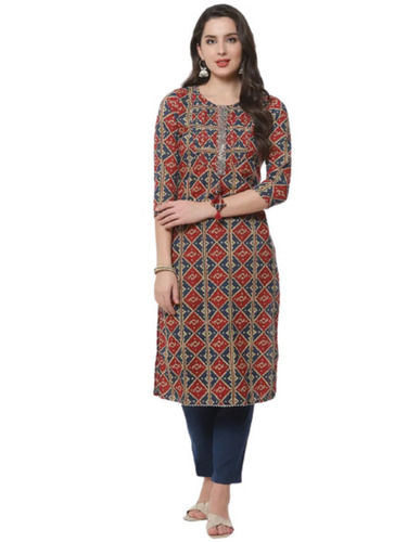 Multicolor Round Neck And 3/4Th Sleeves Casual Wear Printed Cotton Kurti