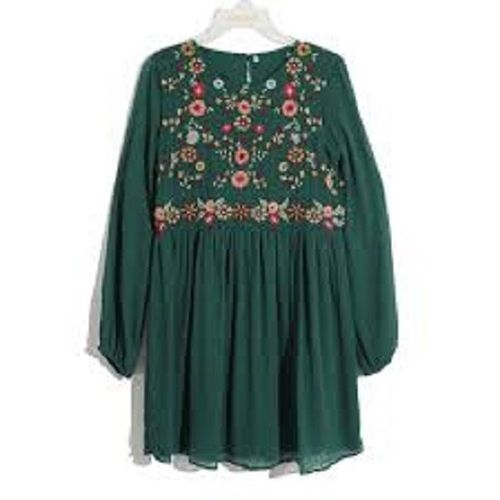 Green  Full Sleeve Round Neck Zip Closure Embroidered Cotton Top For Ladies