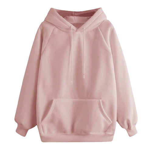 Pink Long Sleeve Casual Wear Plain Dyed Woolen Hoodie For Ladies 