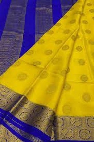 Yellow With Blue Ladies Multi Color Printed Pattern Traditional Wear Pure Cotton Silk Fabric Butta Saree